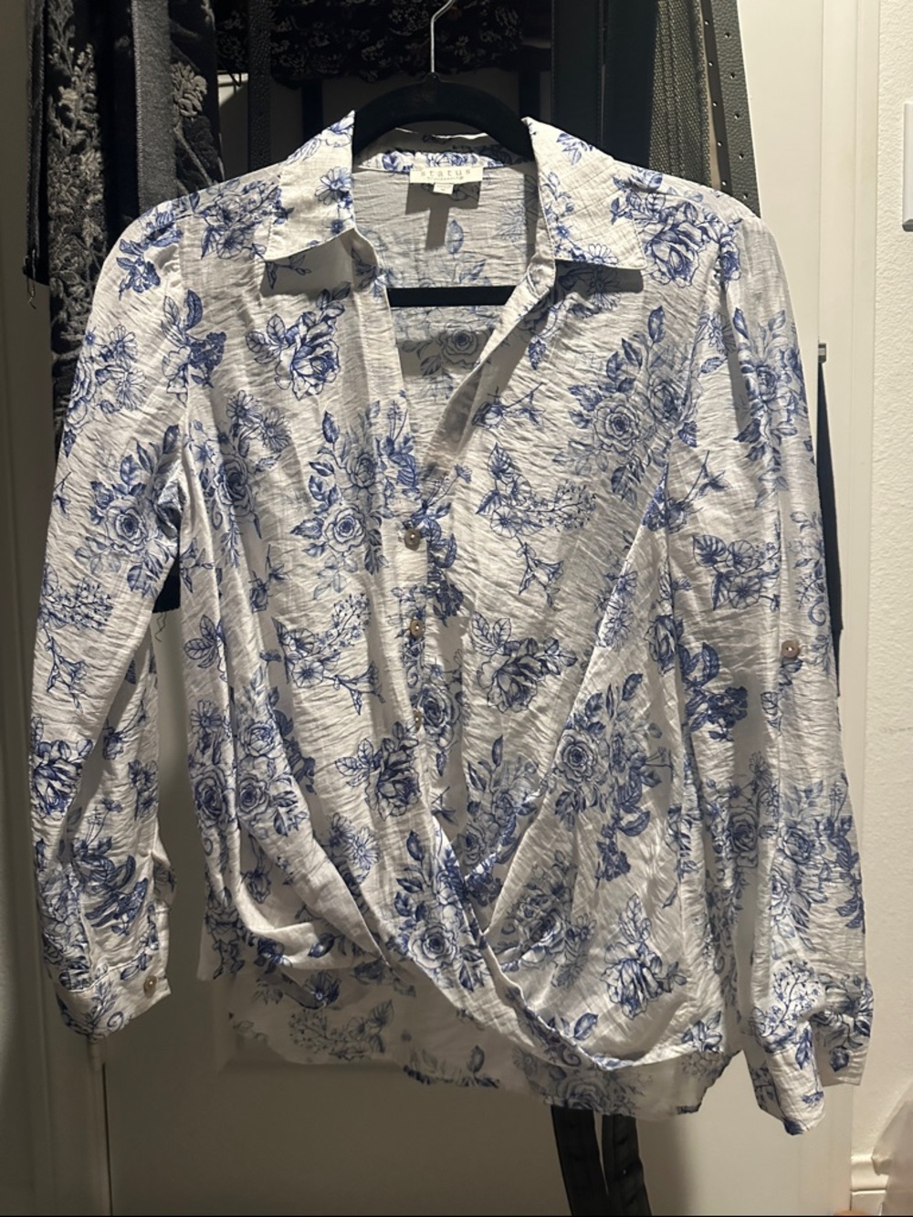 White Button-Front Floral Twist Blouse